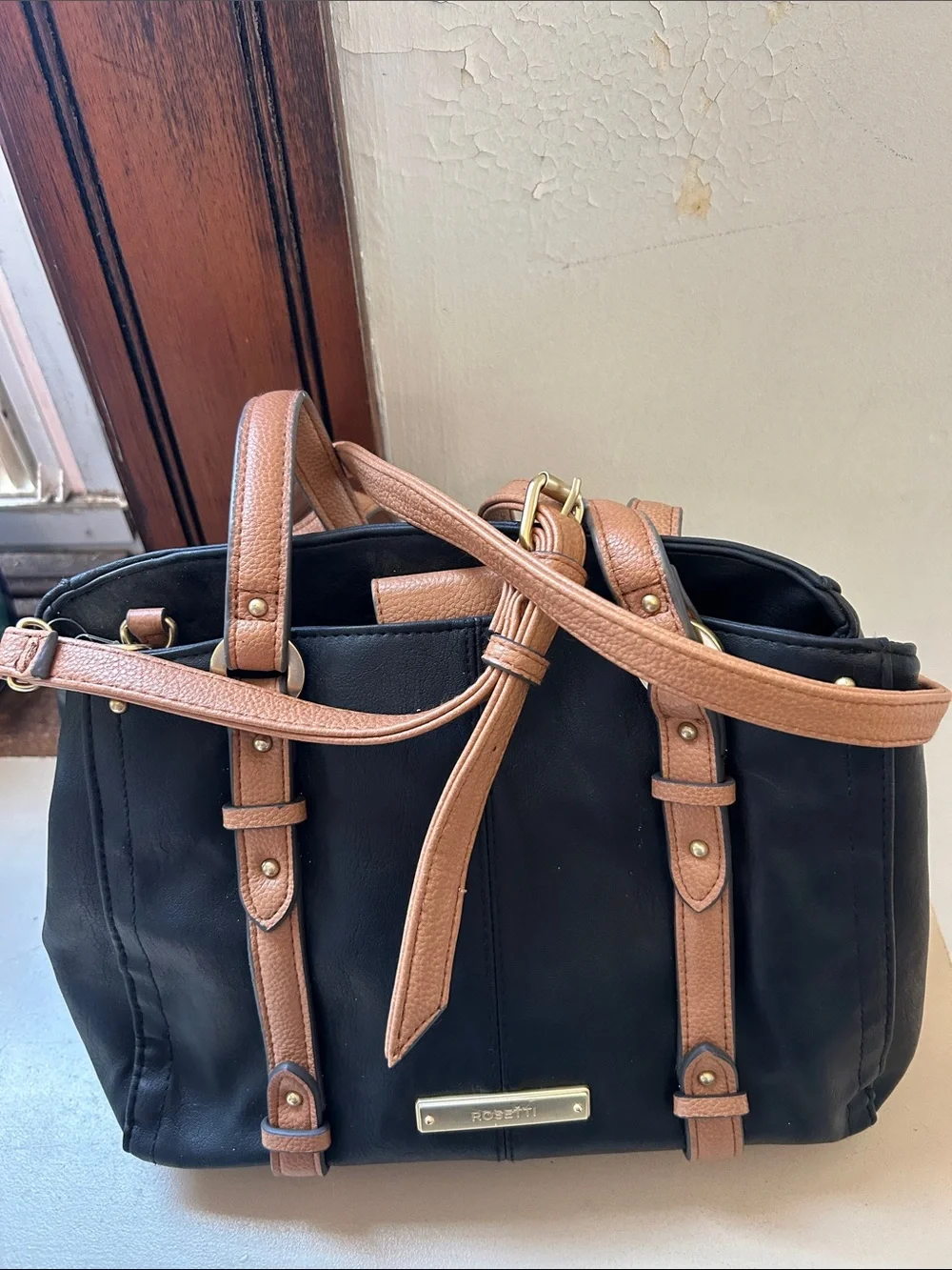 Rosetti Black Satchel and crossbody strap Tan Accents Roomy interior  EUC